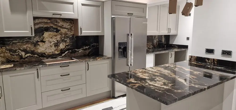 Black Fusion granite kitchen worktops, Island and full splashbacks