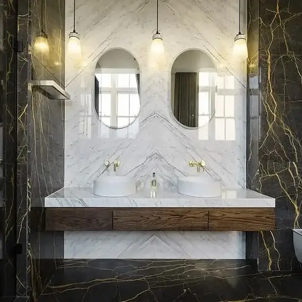 Statuarietto marble and noir st laurent marble bathroom cladding above vanity top