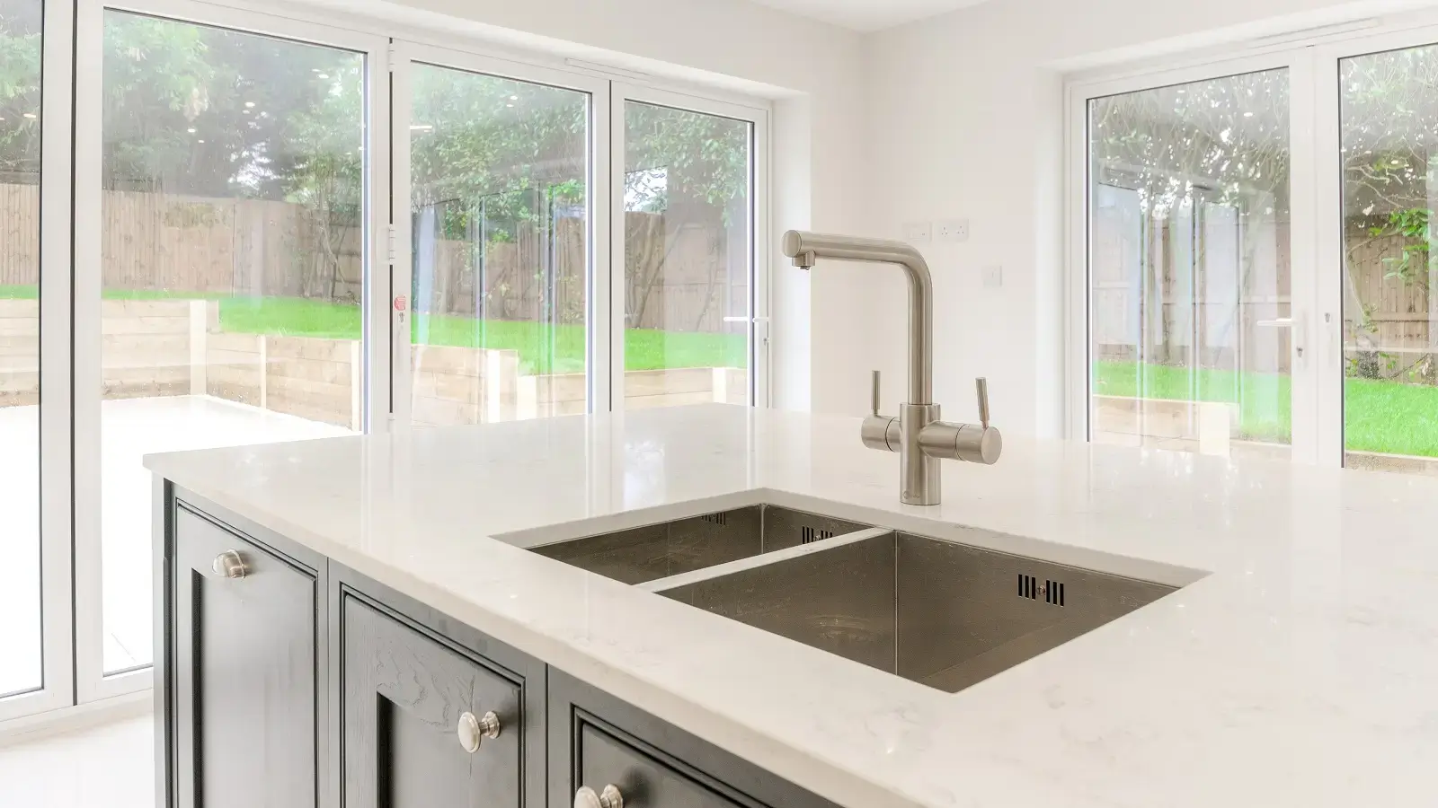 Quartz kitchen island with sink cut out