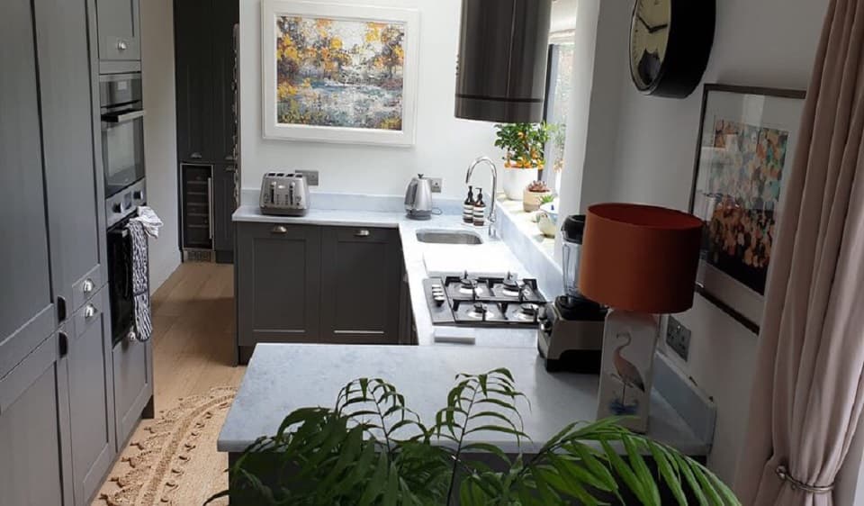 Iceberg blue marble kitchen worktops, upstands and windowsill