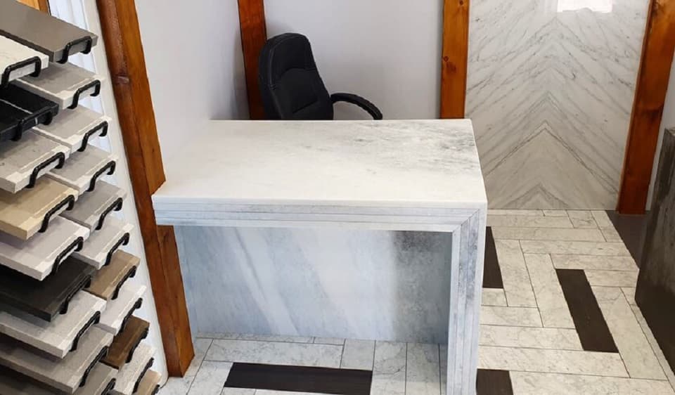 Iceberg blue Marble desk with mitred edges
