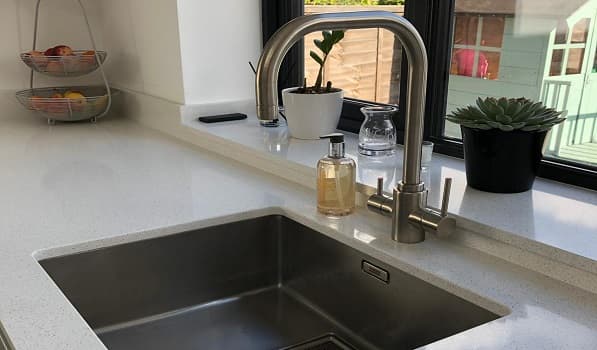 White Shimmer Quartz Kitchen Worktops installed in Hoddesdon